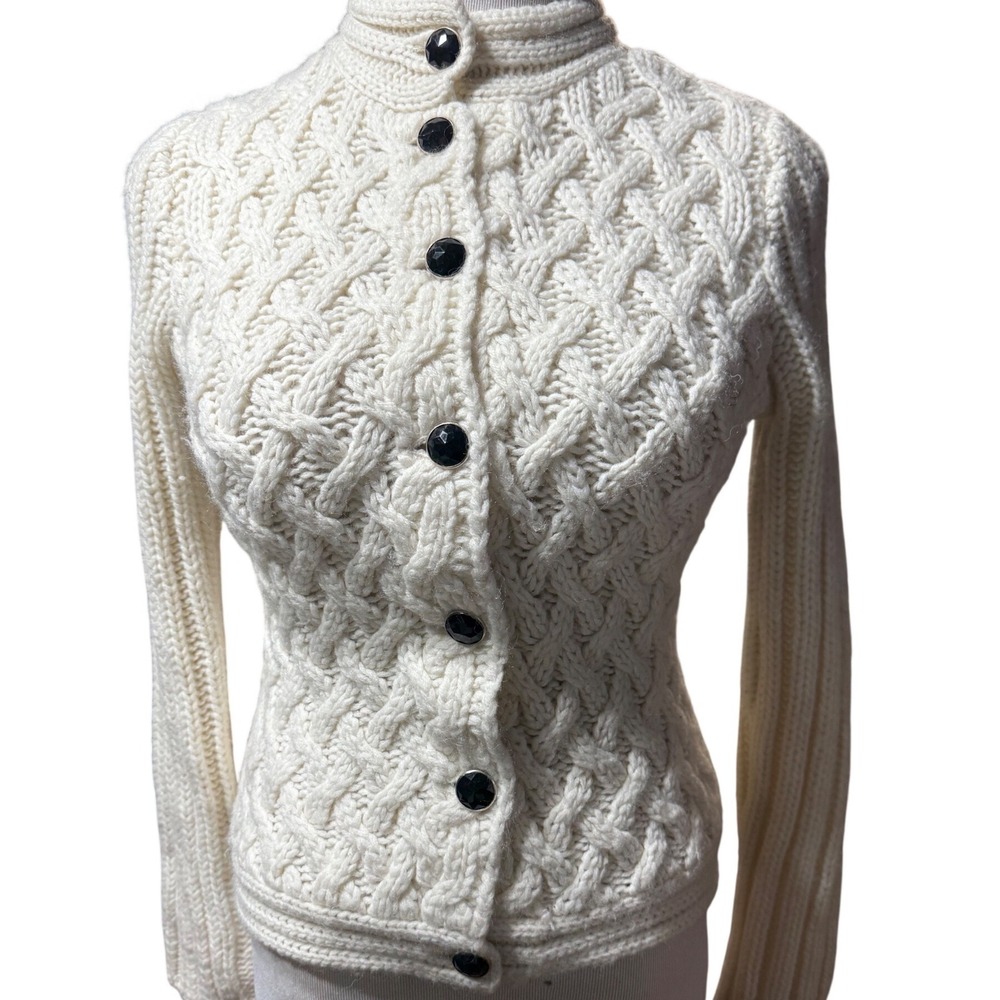 Acorn Cable Knit Cardigan Womens XS Cream Wool‎ Blend Mock Neck Chunky Sweater
